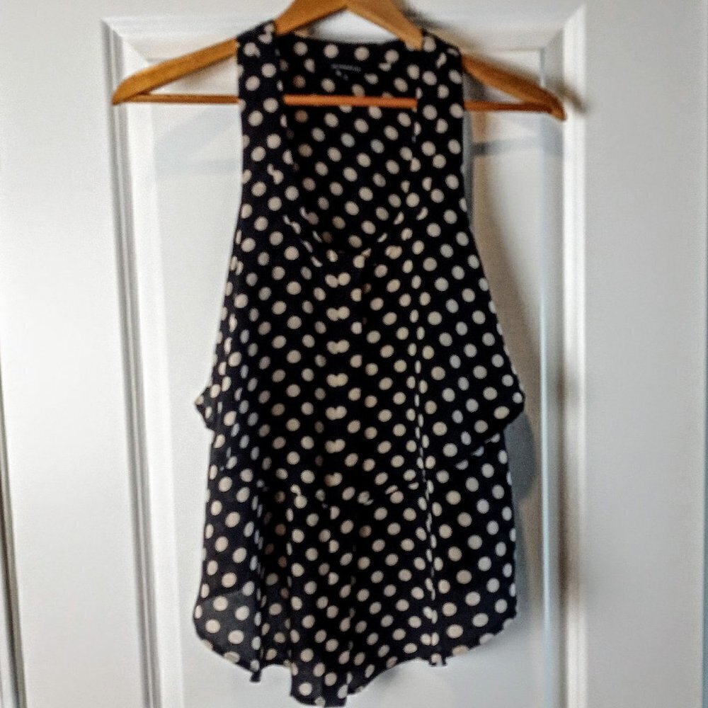 Olivaceous Polka Dot Racer Back Ruffle Silk Top
